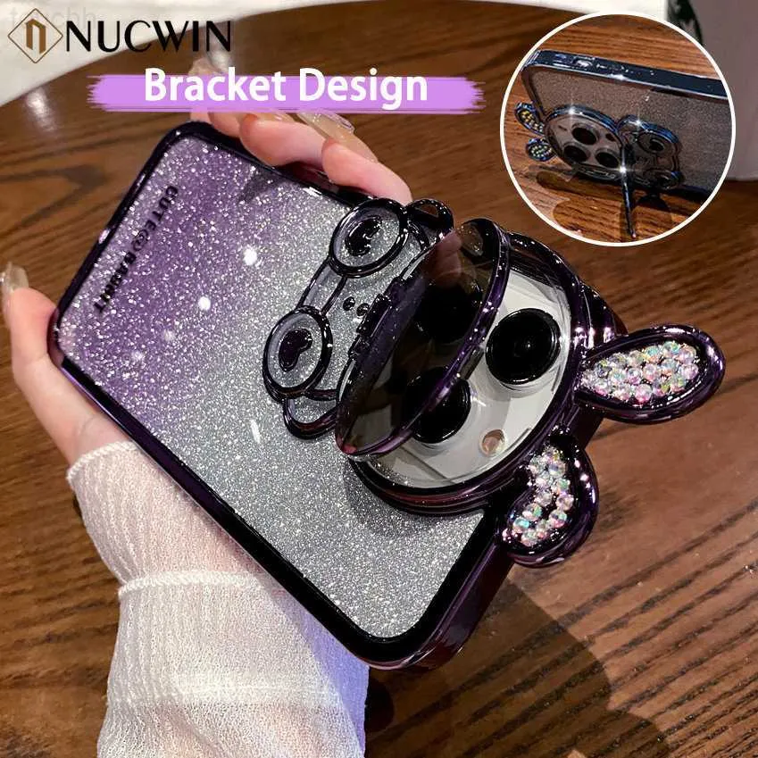 Cell Phone Cases Luxury Glitter Rabbit Plating Case For iPhone 14 13 12 Pro Max 14 Plus 14 Bling Diamond Transparent Camera Stand Bracket Cover L230731