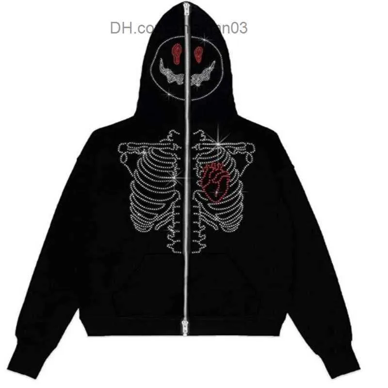 Hoodies voor heren Sweatshirts Hoodie met ritssluiting Y2K-kleding voor heren Mode-hoodie Gothic Strass-skeletprint Trui met lange mouwen Oversized jas Z230802