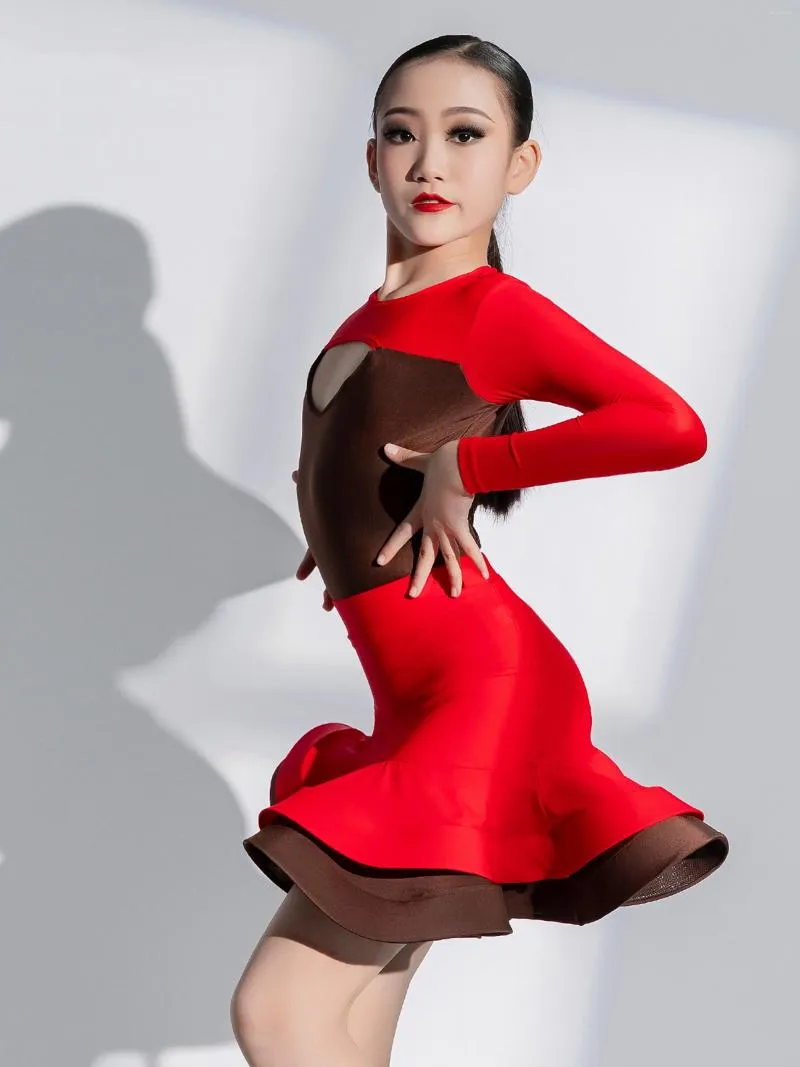 Red Hollow Out Latin Dance tenue Girls Tango Ballroom Chacha Performance Costume