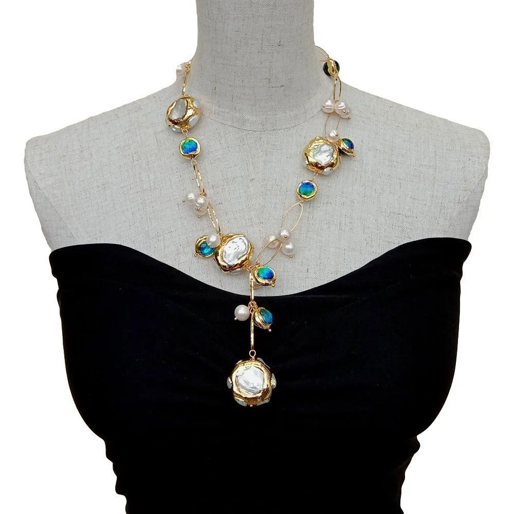 ペンダントネックレスYygem Blue Murano Glass淡水培養白いKeshi Pearl Gold Chale Chain Necklace 21 "230801