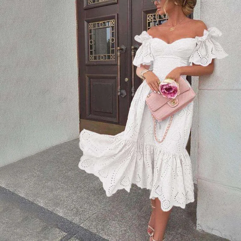 white christmas dresses Long Blue and White Floral-Print Prom Dress with Beads– PromGirl main image 1