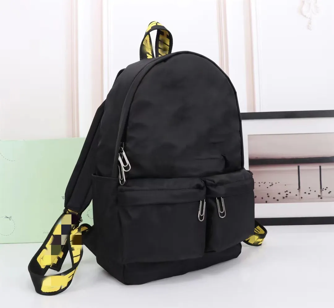 Black Nylon Waterproof Backpack with Yellow Strap for Men and Women