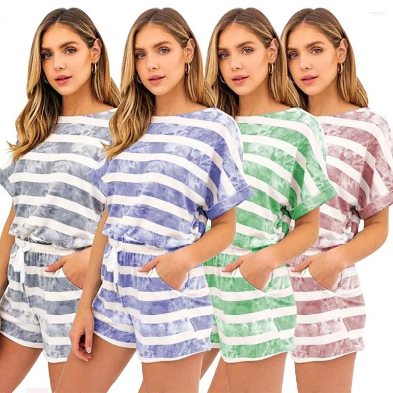 Kvinnors spårningsdräkter 2 datorer/set Women Summer Tracksuit Striped Tie-Dye DrawString Workout Kort ärm Casual T-shirt Shorts Set Duits