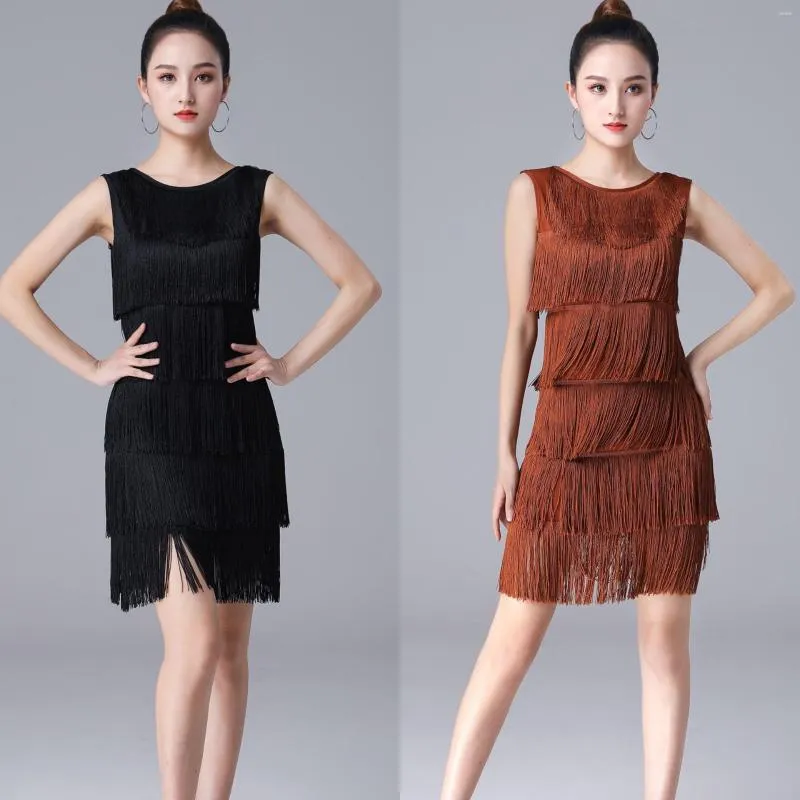 Scene Wear Women Dress Ladtin Dance Casual ärmlös Solid Bodycon Spaghetti Tassel Fringe Salsa Nightclub Cocktail Party Clothing