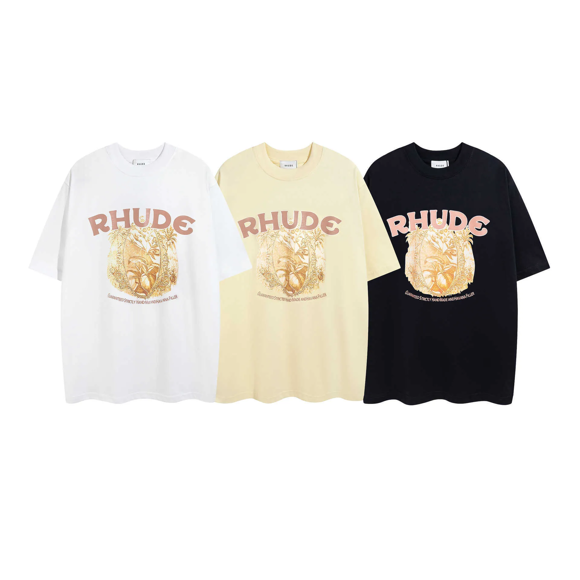 23SS Fashion Brand Rhude Letter Wheat Ear Fruit Tryck Kort ärm T-shirt Mäns och kvinnors amerikanska High Street Half