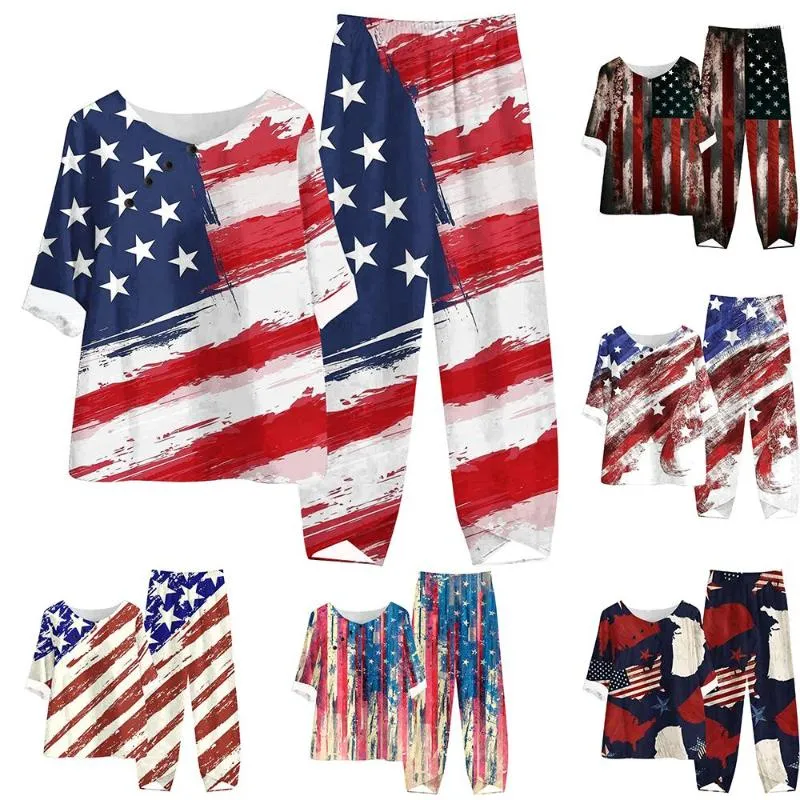 Camisetas femininas Americanas 'Independence Day' Tops e calças com estampa floral de manga cinco quartos Primavera Verão Conjunto de duas peças solto