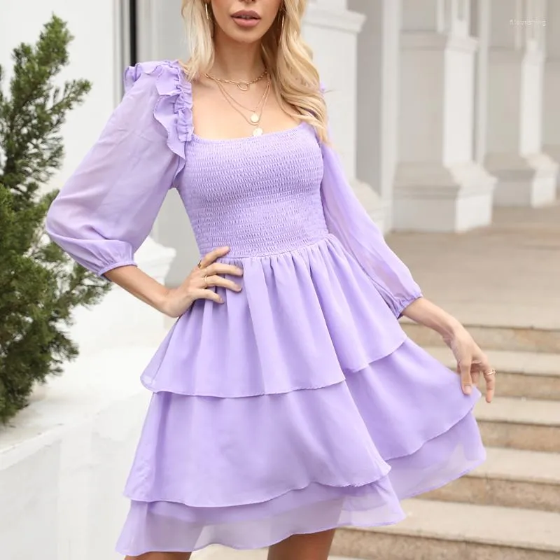 Robes décontractées robe violette femmes à manches longues en mousseline de soie robe d'été volants col carré tenues élégantes plage Style Mini vêtements féminins