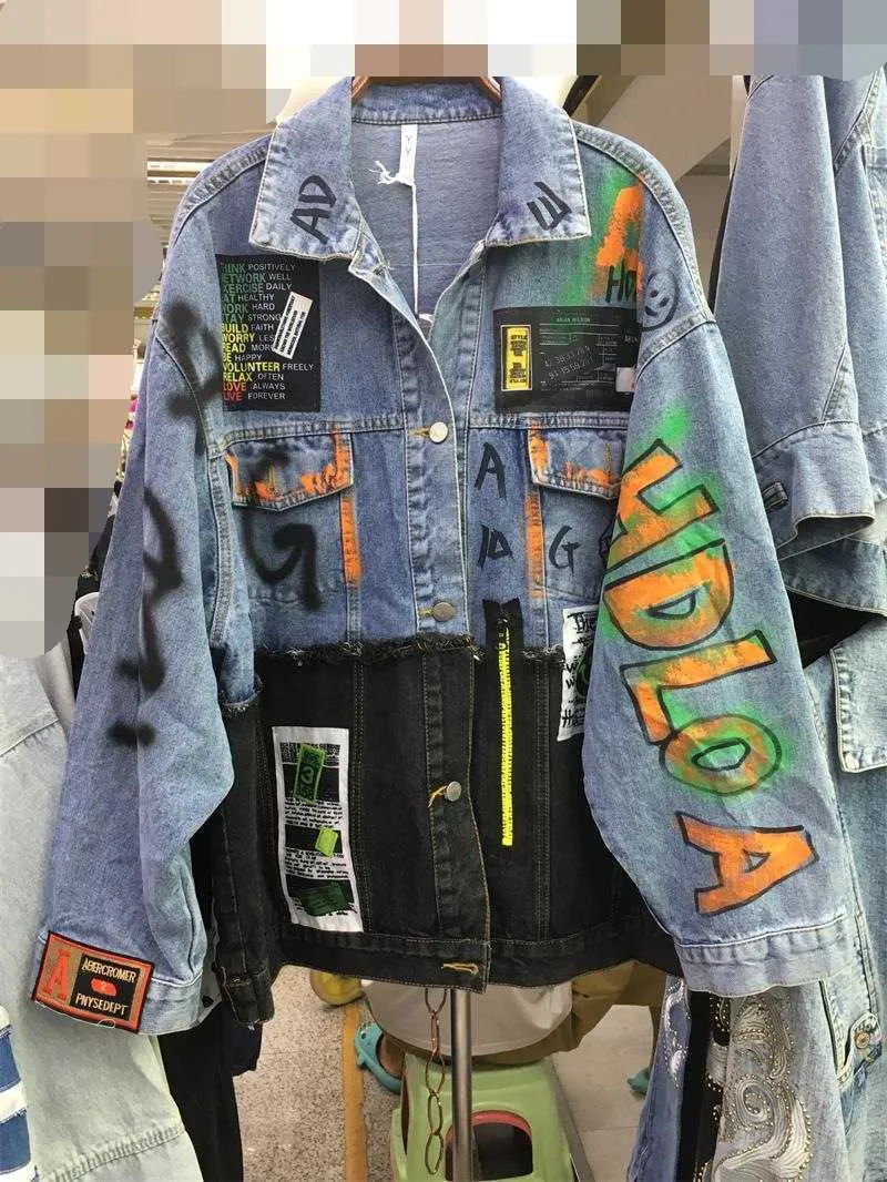 Herfst 2021 Nieuw modemerk Gepersonaliseerde veelzijdige Splice Graffiti Patch Jean-jas Damesjas Top