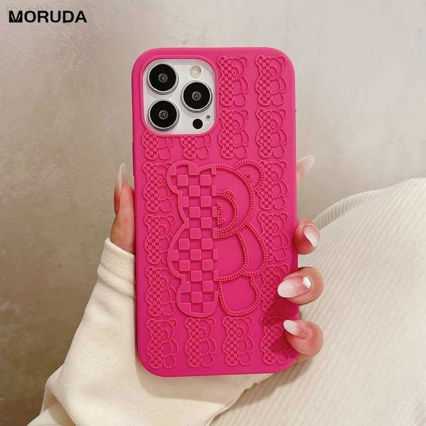 Cell Phone Cases Cute 3D Bear Liquid Silicone Phone Case for iPhone 12 Pro 11 13 Pro 14 Pro Max 14 Plus Candy Color Soft Shoclroof Cover Bumper L230731