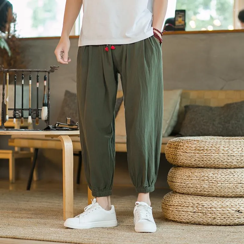 Calças masculinas estilo chinês casuais calças capri Harun japonês