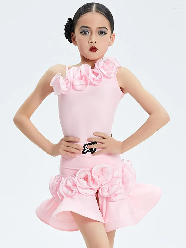 Stage Wear 2023 Pink Latin Dance Costume Girls Summer Dress Cha Rumba Performance Suit Kids Practice Clothes DNV17813