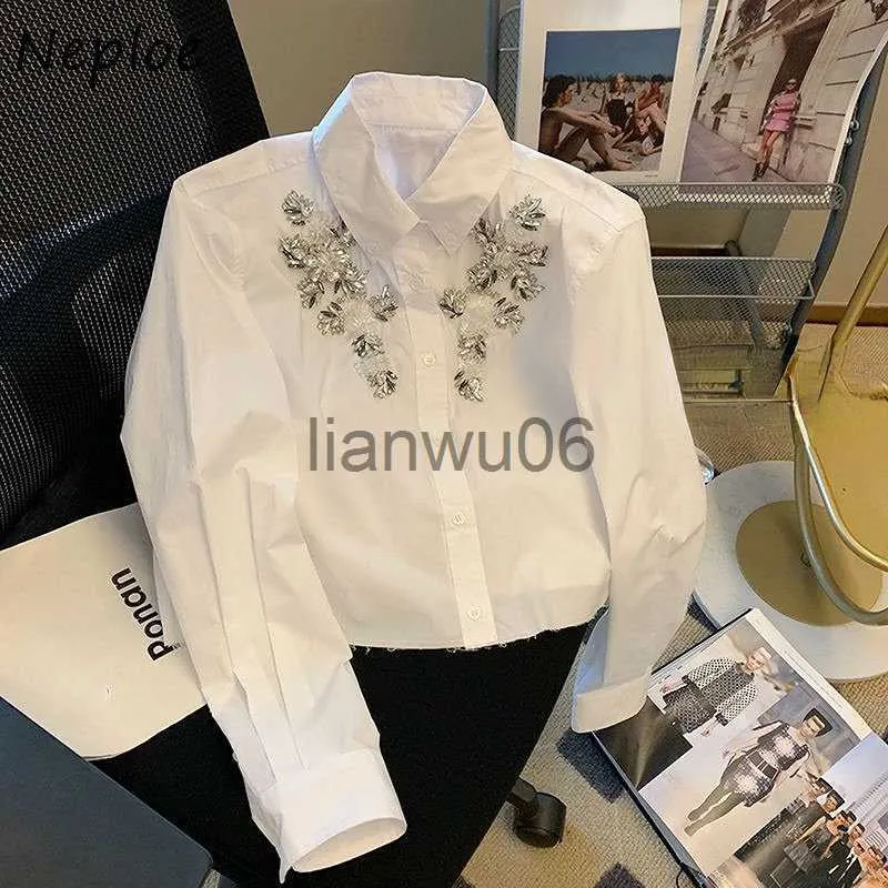 Dames Blouses Shirts Neploe 2023 Lente Femme Wit Tops Frans Zwaar Werk Kralen Zachte Casual Blouses NewNeck Lange Mouwen Pendelen Losse Shirts J230802