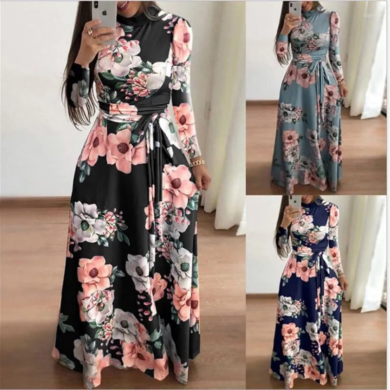 Casual Dresses Plus Size Robe Women Autumn Long Super Dress 2023 Sleeve Flower Print High Collar Bandage Vestidos