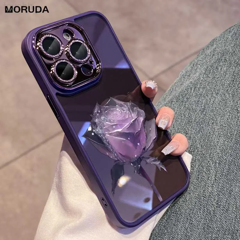 Корпус с мобильными телефонами Diamond Camera Film Protector Case для iPhone 14 Pro Luxury Rose Case для iPhone 12 Pro 13 14 Pro Max 11 Clear Hard Back Cover L230731