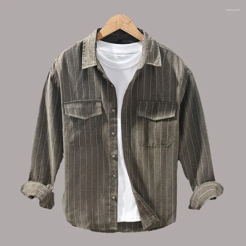 Camicie casual da uomo Retro versatile camicia a maniche lunghe in lino di cotone a righe primavera autunno cargo doppie tasche top abiti maschili