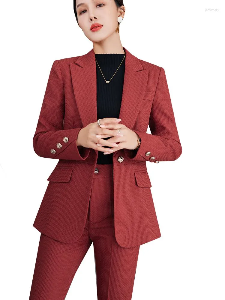 Zweiteilige Hosen Frauengeschäftsarbeit Tragen Anzug Red Coffee Schwarz Plaid Büro Damen Blazer und Hosen weibliche formelle 2 Set