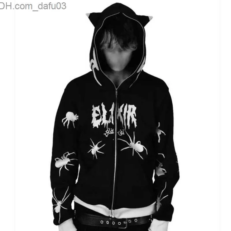 Vintage Hooded Sweatshirts Mens Spider Web Zip Up Hoodie, Gothic