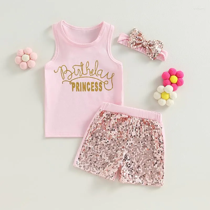 Наборы одежды 3pcs Baby Girl День рождения наряды без рукавов розовые майки шорты с блестками набор для повязки на голову для детской одежды 2-7 лет
