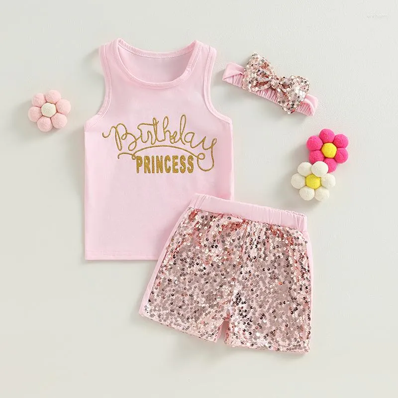 Ensembles de vêtements 3 pièces bébé fille tenues d'anniversaire sans manches rose débardeurs Shorts à paillettes bandeau ensemble enfant vêtements 2-7 ans