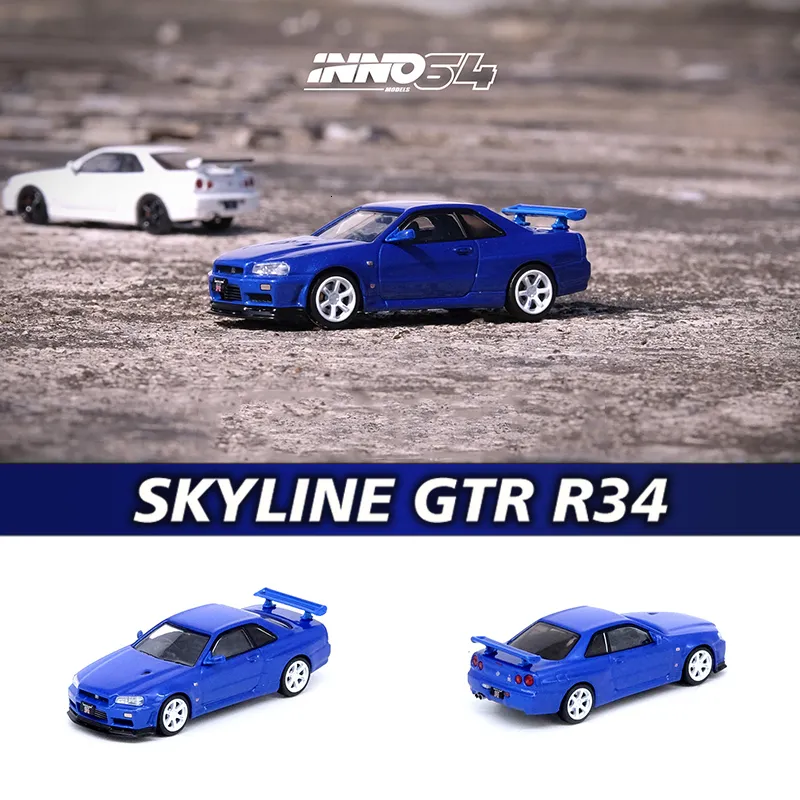 Diecast Model Inno i lager 1 64 Skyline GTR R34 V Spec II N1 White Blue Alloy Diorama Car Collection Miniature Carros Toys 230802