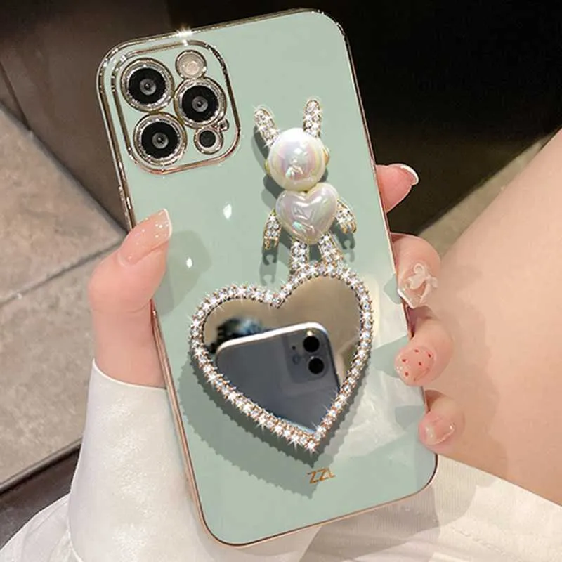 Casos de telefone celular Bling Heart Mirror Case para iPhone 14 Pro Max 13 Plus 12 Pro 13 11 7 8 mais 6s x xr xsmax glitter fofo orelhas de coelho