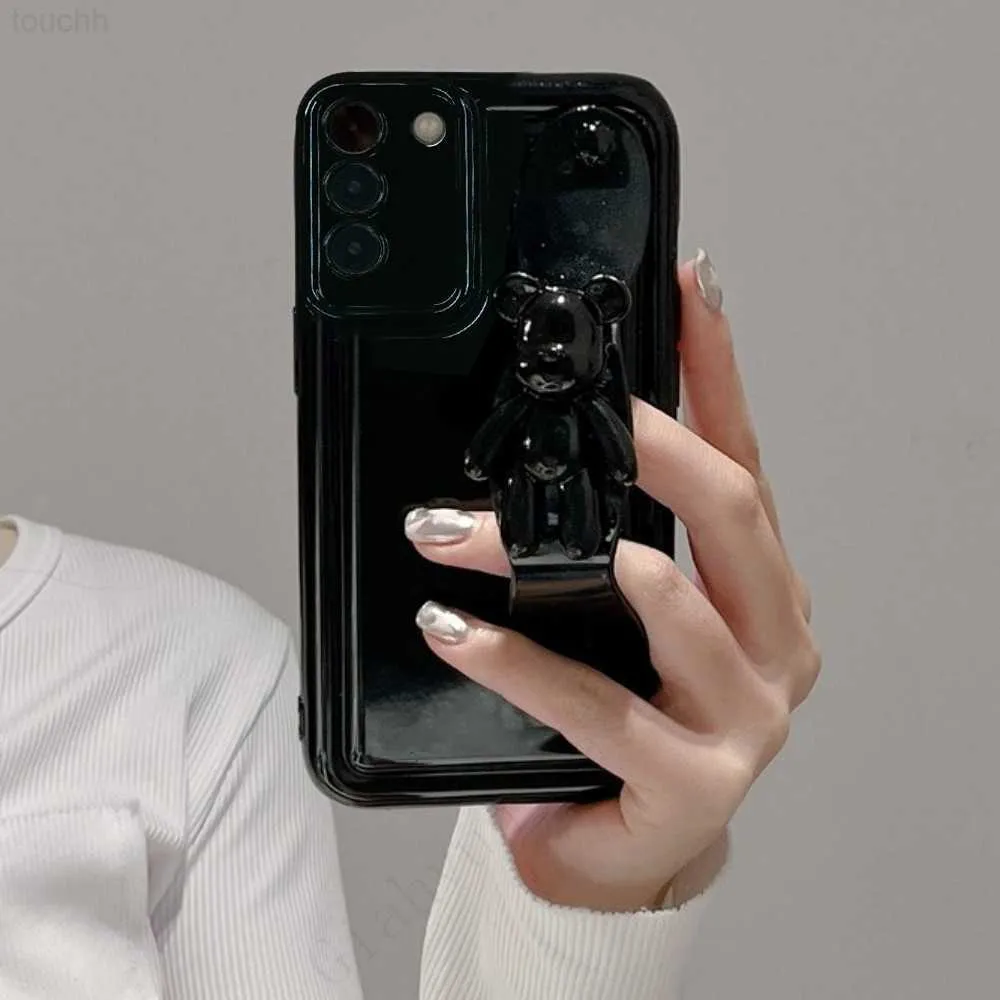 Obudowy telefonu komórkowego Gloss Black 3D Bear Pasek Uchwyt na nadgarstek Stojak na Samsung S20 S21 S22 S23 UWAGA 10 20 A21S A51 A50 A71 A52 A22 A23 A32 L230731