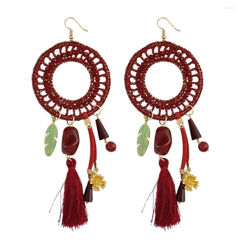Boucles d'oreilles pendantes bohème rouge bleu frangé gland goutte pour les femmes femme ethnique grande déclaration ronde à la main fête bijoux cadeau