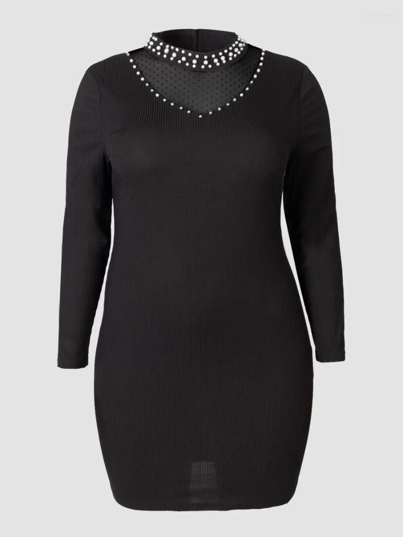 Sukienki w rozmiarze plus finjani damska Dresse Pretty Pearl Neck Mesh Design Design Autumn Black Slim Fit