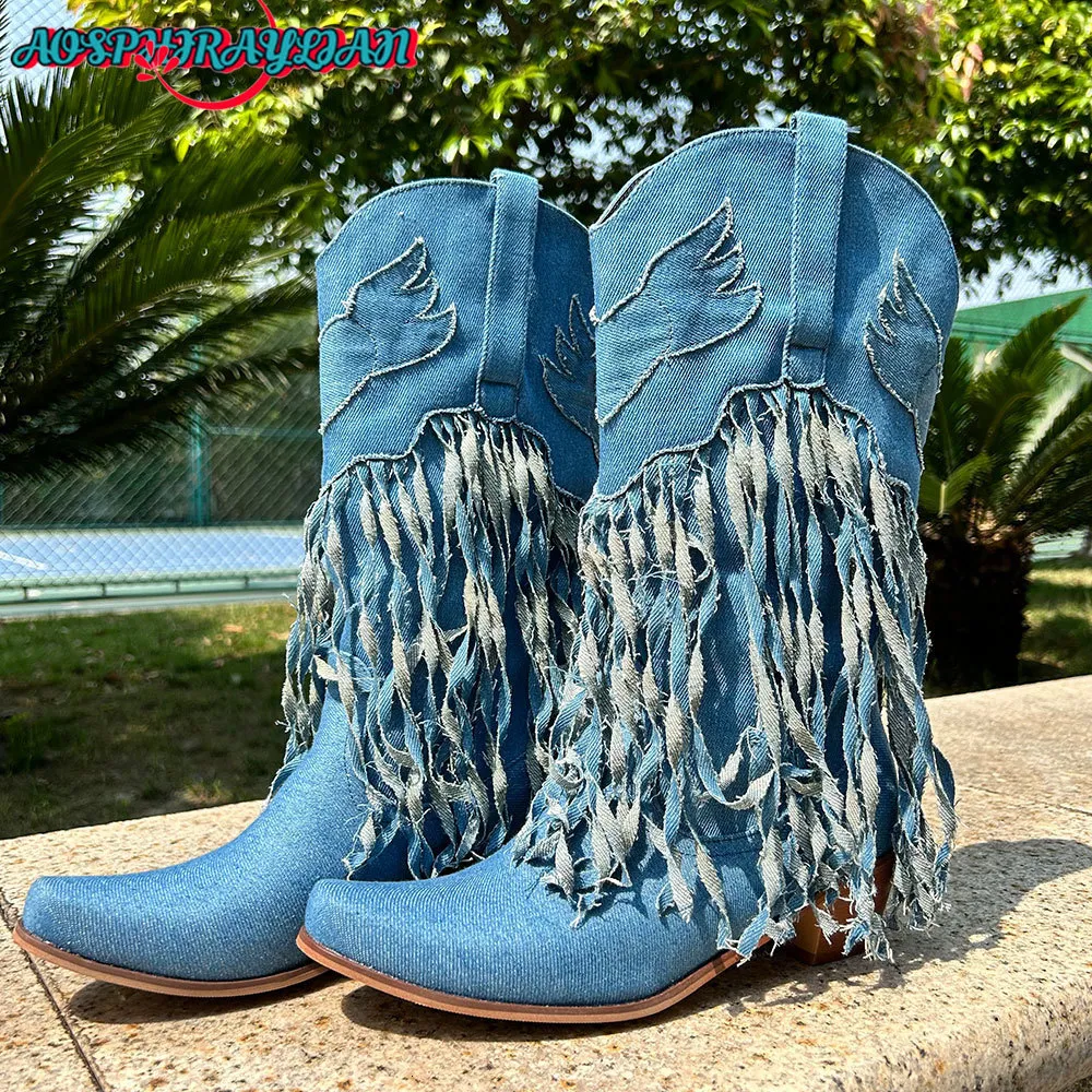 Buty Aosphiraylian Denim Tassels Fringe Mid Calf Western Cowboy for Women 2023 Vintage Retro Point Toe Cowgirl Buty 230801