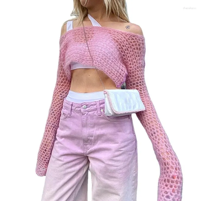 Women's Sweaters Summer Streetwear Women Hollow Out Sexy Knit Gentle Sweet Pink Light Thin Short Blouse Ladies Pullovers