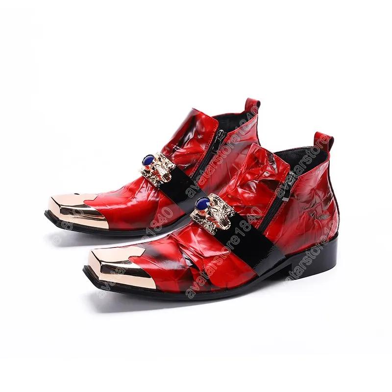 Christia Bella British Red Party CelebrationMen Ankle Boots Square Toe Metal Decoration Real Leather Bootsフォーマルドレスシューズ