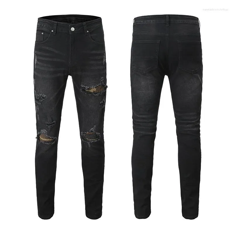 Jeans da uomo AM Skinny strappati neri Slim Fit Hole Pencil Pants Casual Biker Streetwear Pantaloni in denim di alta qualità