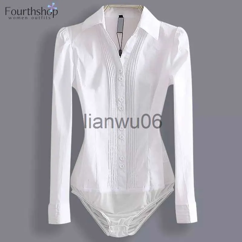 Kvinnors blusar skjortor 2023 mode bodysuit långärmad kvinnor kroppskjorta kontor lady arbets uniformer vår vita blusar och toppar smala höstkläder J230802