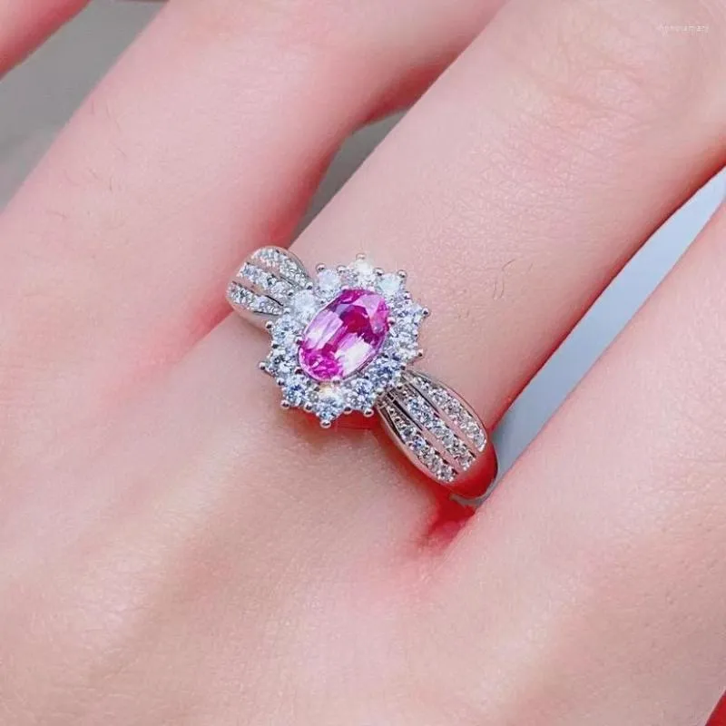 Cluster Rings Elegant Engagement Ring For Woman 0.5ct 4mm 6mm Natural Pink Sapphire 18K Gold Plating 925 Silver Jewelry