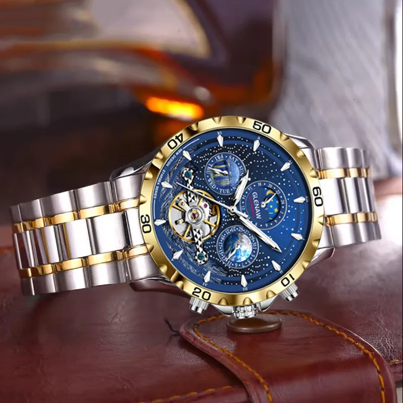 Armbanduhren GLENAW Mechanische Uhren Männer Kalender Woche Mondphase Automatische Business-Armbanduhr Wasserdichte Erduhr 230802