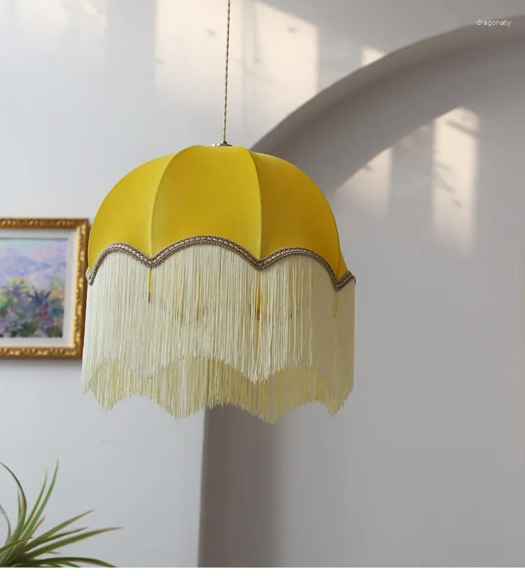 Lampade a sospensione Lampadario con nappe giallo limone retrò Americano francese Vintage Sala da pranzo Camera da letto Tessuto decorativo