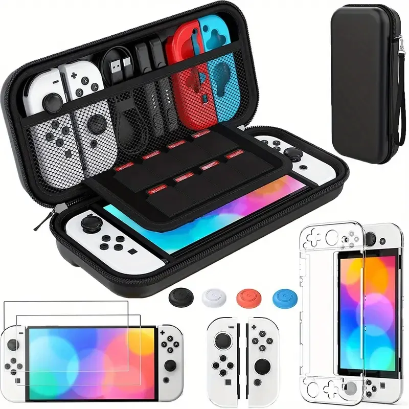 1 st switch OLED CASE COMPATIBLE med Nintendo, 9 i 1 Tillbehör för Switch OLED -modell med dockningsbart skyddsfall, HD -skärmskydd