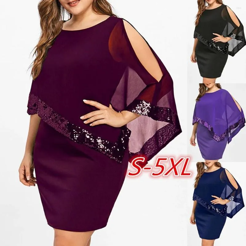 Casual Dresses Summer Women Dress Hollow Out Chiffon Overlay Asymmetric Strapless Sequins Mini Party Robe Plus Size 5XL #A