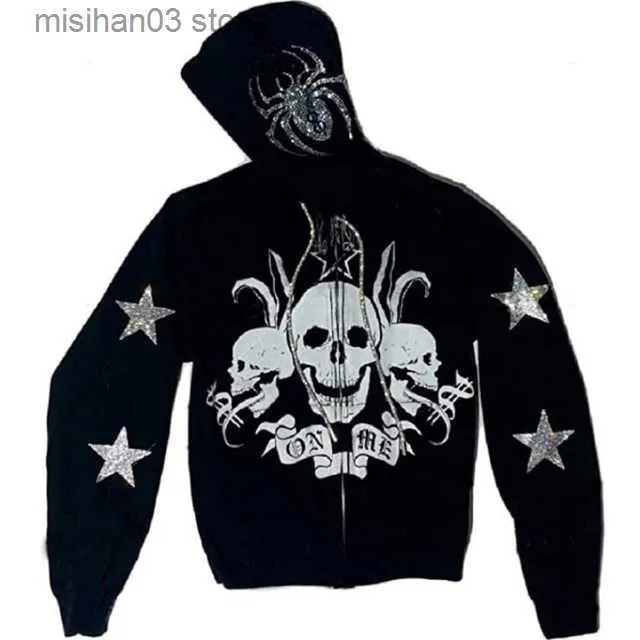 Y2K Gothic Rhinestone Spider Web Rhinestone Zip Hoodie For Y2K Gothic Rhinestone Spider Web Rhinestone Zip Hoodie For