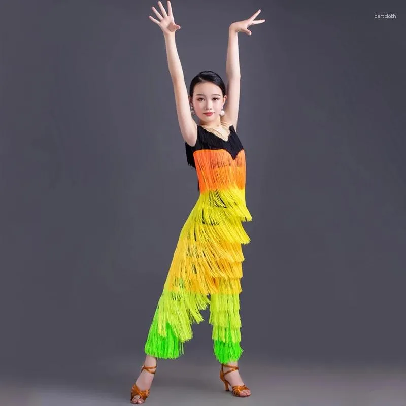 Sahne Giyin Çocuklar Latin Dans Kostüm Rekabet Giysileri Renkli Pantsel Tek Parça Pantolon Kızlar Performans için Elbise Uygulama