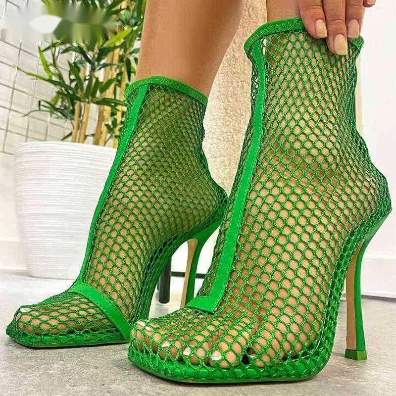 Sandaler 2023 Ny design Green Black Square Toe Mesh Stretch Fabric Sock Boots Fashion Sexy High Heels Shoes 220232