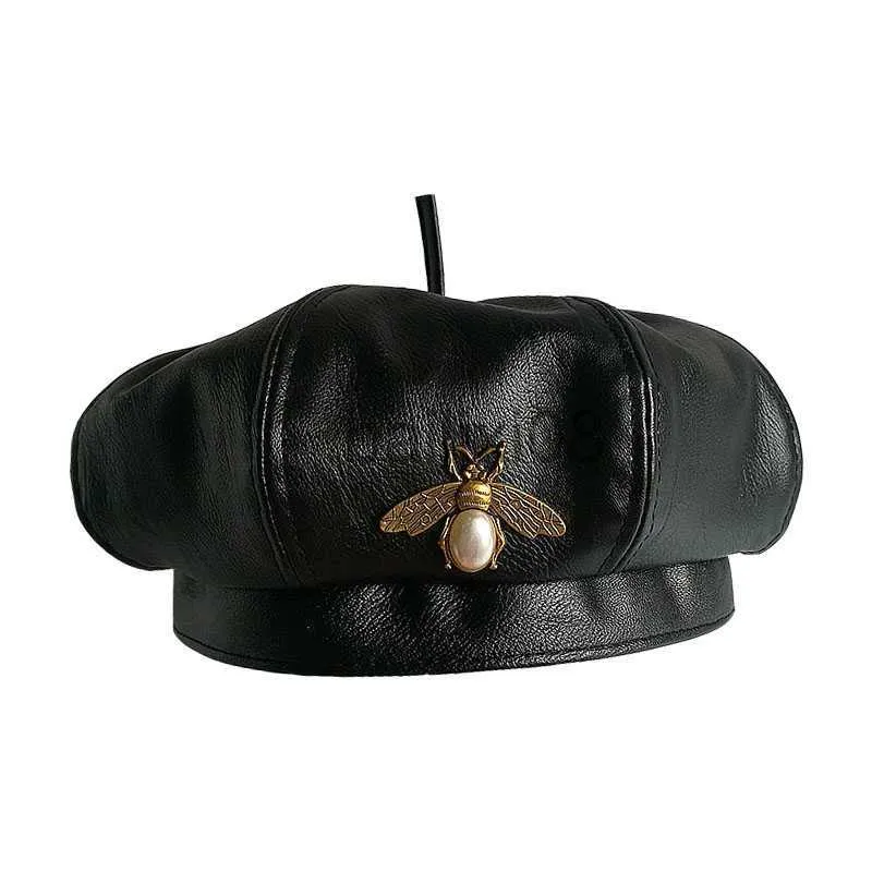 Stingy Brim Hats Vintage Brand Bee Brand Fashion Blk Pu Leather Beret Hat Women Cap Kvinnliga damer Beanie Beret Girls For Spring and Autumn J230802