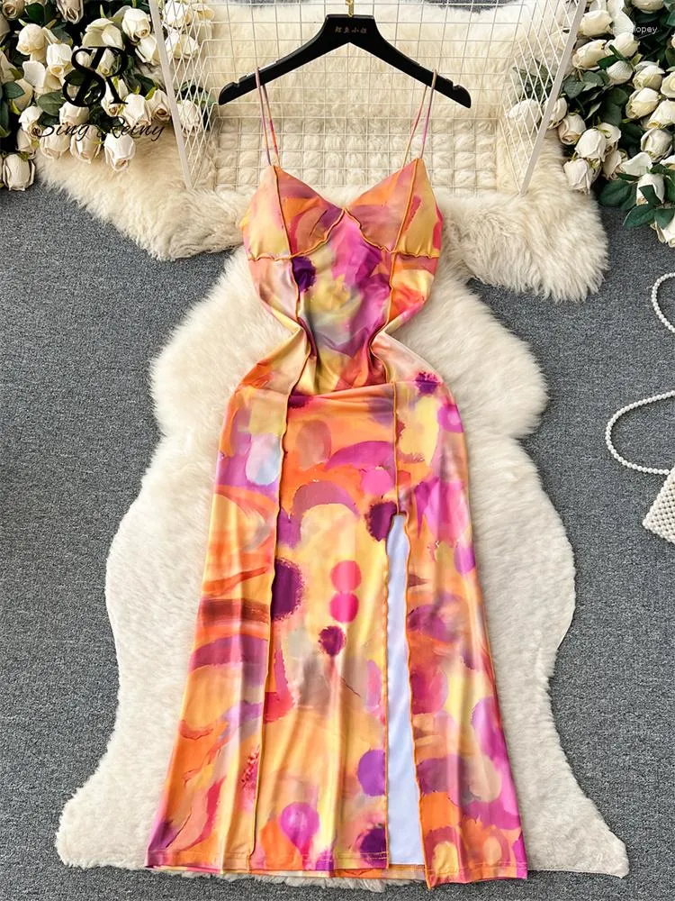 Повседневные платья Singreiny Fashion Tie Dye Print Press платье женское ремешок Slim без обратного расщепления Soldress 2023 Elastic Patchwork Long Long