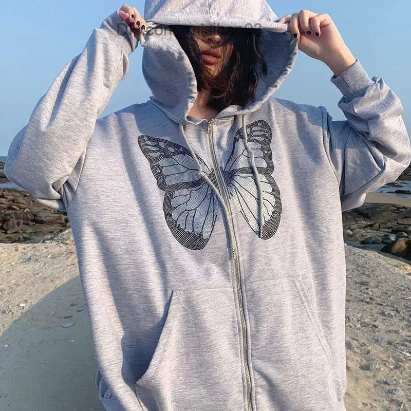 Sweats à capuche pour hommes Sweat-shirts des années 90 pour femmes Diamond Grey Long Jacket Hoodie Y2K Fashion Oversized Butterfly Pattern Strass Sweat Zipper Hoodie Z230802