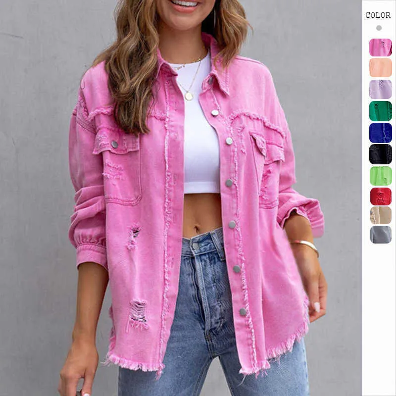 2023 new style medium length rough edge hole Jean jacket women's autumn and winter long sleeve casual lapel top