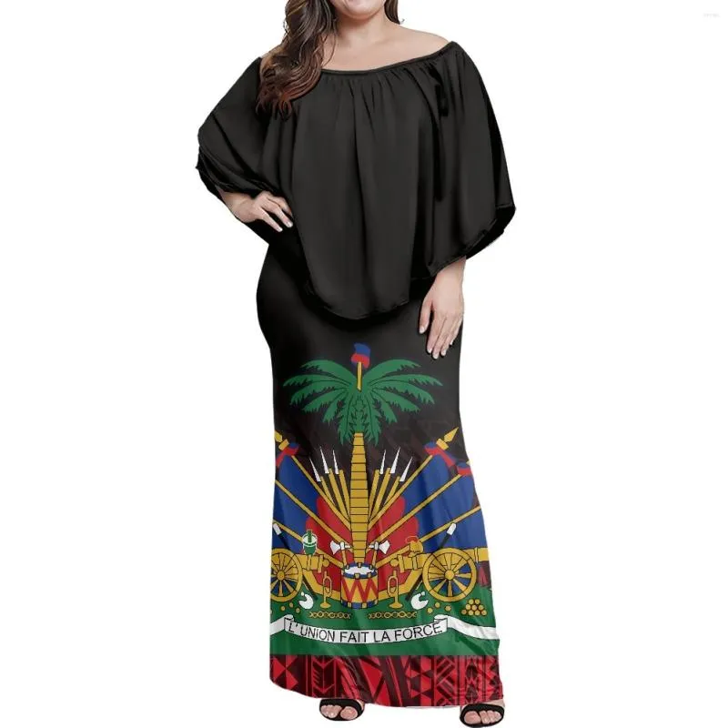 Vrijetijdsjurken Ontwerp op maat Mode Off-the-shoulder Korte mouw Vloerjurk Meisjesfeest Zomer Polynesische print Vlag van Haïti