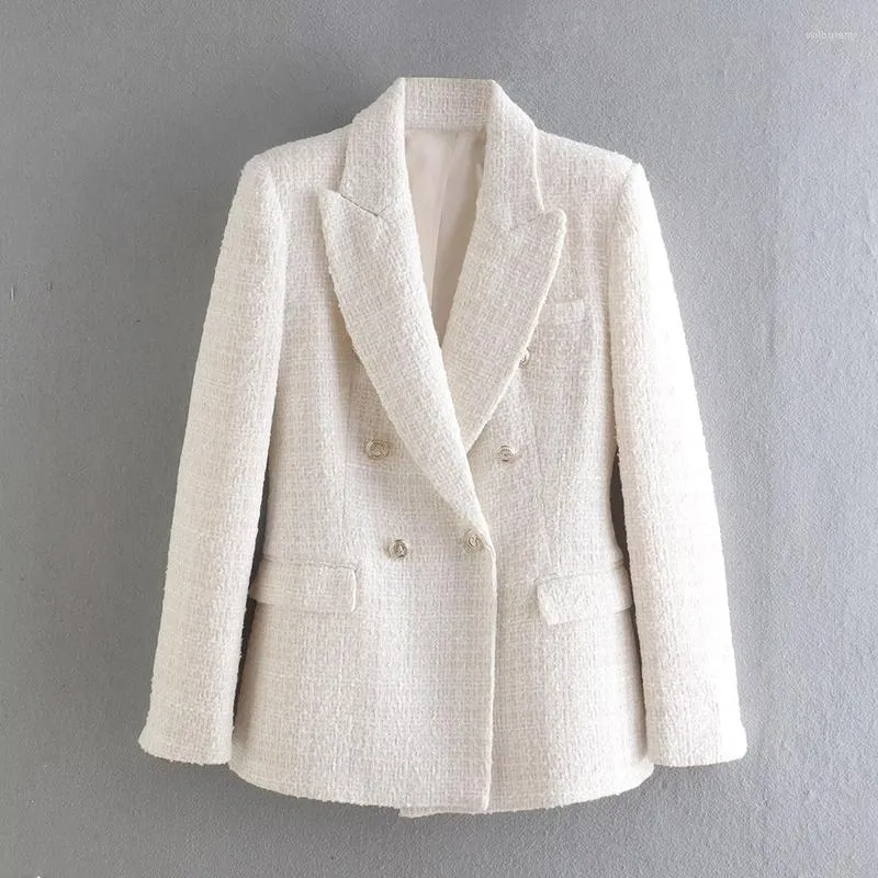 Costumes pour femmes 2023 hauts manteaux femmes solide Tweed Double boutonnage Blazer manteau à manches longues poches survêtement femme printemps vestes blanc