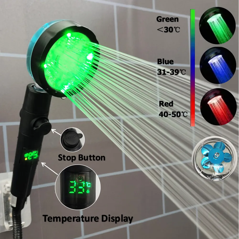 Cabezal de ducha con pantalla de temperatura Digital LED, Control de temperatura, ventilador colorido, cabezal de ducha de lluvia de alta presión con botón de parada