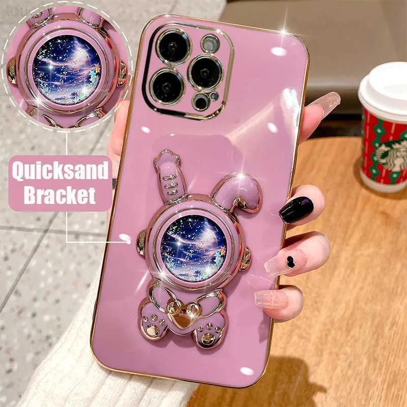 Handyhüllen Love Heart Rabbit Quicksand Stand Case für iPhone 11 12 13 14 Pro Max Mini 7 8 Plus Xs Max Xr X Glitzer Klapphalterung Abdeckung L230731