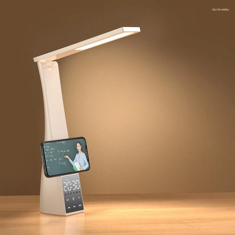 Lampade da tavolo Lampada a LED Sveglia ricaricabile tramite USB Protezione per gli occhi Lampada da lettura per scrivania Luce notturna a batteria con oscuramento continuo della temperatura
